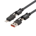Home USB4X1 töltőkábel, 4in1, USB C-C / A-C / C-LIGHTNING / A-LIGTNING, 1.1 méter, 66W gyorstöltés, szőtt nylon burkolat, lapos, gabalyodásmentes kábel